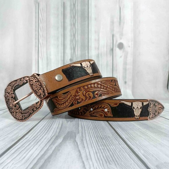 Western Floral Leather Belt For Men or Women, Embossed Tooled Full Grain Leather - Picture 3 of 12